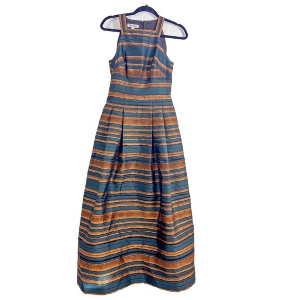 Kay Unger NY Teal Copper Metallic Striped Pleated Maxi Gown Dress Pockets 2